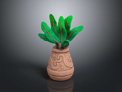 Ornate Clay Pot With Green Long Leaves And Intricate Carved Patterns 3d model