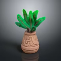 Ornate Clay Pot With Green Long Leaves And Intricate Carved Patterns