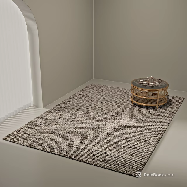 Square Gray and White Striped Woven Rug With Rattan Coffee Table and Light Gray Walls 3d model 