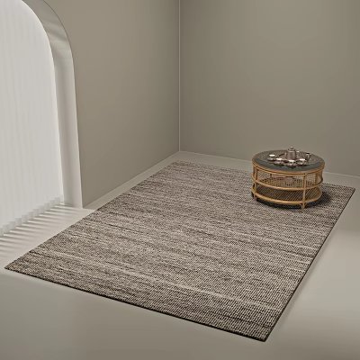 Square Gray and White Striped Woven Rug With Rattan Coffee Table and Light Gray Walls 3d model