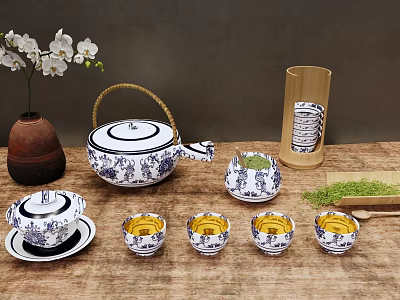 Blue And White Tea Set Including Teapot Cups Bowls With Green Tea And Bamboo Container 3d model