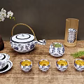 Blue And White Tea Set Including Teapot Cups Bowls With Green Tea And Bamboo Container