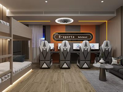 Esports Room Interior With Bunk Beds Gaming Chairs Computers And Sofa 3d model