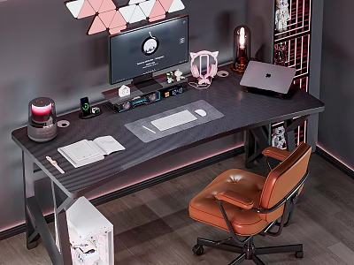Modern Desk And Chair Set With Computer Monitor Laptop Leather Chair And Open Shelf 3d model