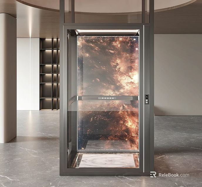 Modern Glass Door Elevator With Aesthetic Pattern And Marble Floor In Luxury Interior 3d model 
