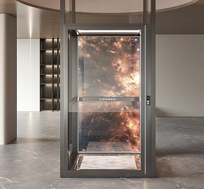 Modern Glass Door Elevator With Aesthetic Pattern And Marble Floor In Luxury Interior 3d model