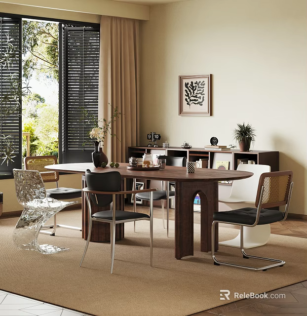 Dining Space Featuring Wooden Table Various Chairs Abstract Painting And Window Blinds 3d model 
