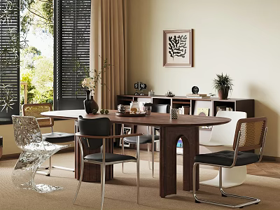 Dining Space Featuring Wooden Table Various Chairs Abstract Painting And Window Blinds 3d model