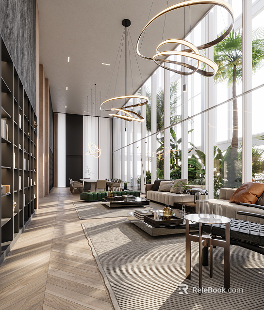 Modern Luxurious Lounge Area Interior With Sofa Coffee Tables Pendant Lights And Greenery 3d model 