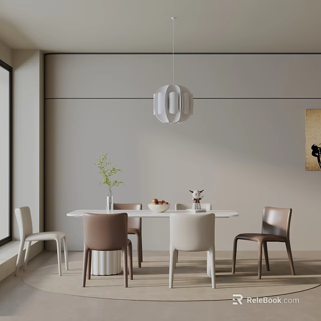Minimalist Dining Table Combination With Mixed Color Chairs Pendant Light Vase Plant And Wall Art 3d model 
