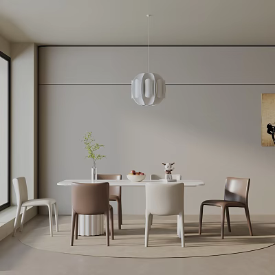 Minimalist Dining Table Combination With Mixed Color Chairs Pendant Light Vase Plant And Wall Art 3d model