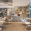 Modern Café Interior With Wooden Flooring White Chairs Bar Counter Display Shelves And Pendant Lights