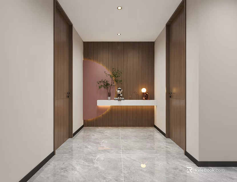 Elegant Modern Foyer Hallway With Wooden Cabinets White Console Table Green Plant And Marble Floor 3d model 