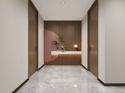 Elegant Modern Foyer Hallway With Wooden Cabinets White Console Table Green Plant And Marble Floor 3d model