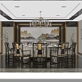 Chinese Modern Living And Dining Room Interior With Dark Wooden Floors Display Cabinets And Chandelier