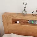 Wooden Modern Double Bed with White Sheets Bedside Shelf Nightstand Lamp Potted Plant Natural Light