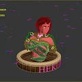 Hekate Game Character With Red Hair Bandaged Outfit And Pink Feathers On Wooden Base