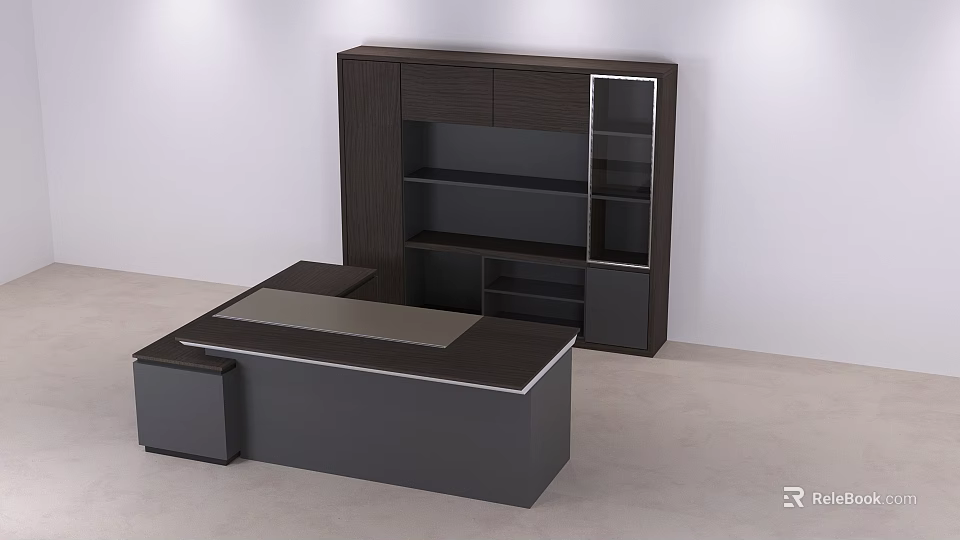 Modern Dark Wood Office Desk Setup With Storage Cabinet And Glass Door Shelves 3d model 