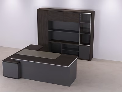 Modern Dark Wood Office Desk Setup With Storage Cabinet And Glass Door Shelves 3d model