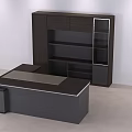 Modern Dark Wood Office Desk Setup With Storage Cabinet And Glass Door Shelves