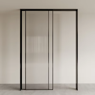 Contemporary Sliding Door Design With Vertical Striped Glass And Black Frames 3d model