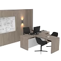 Wooden Office Desk Setup With Computer Monitor Tablet Black Chairs And Wooden Panel Wall