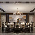 Chinese Modern Living And Dining Room Interior With Dark Wooden Floors Display Cabinets And Chandelier