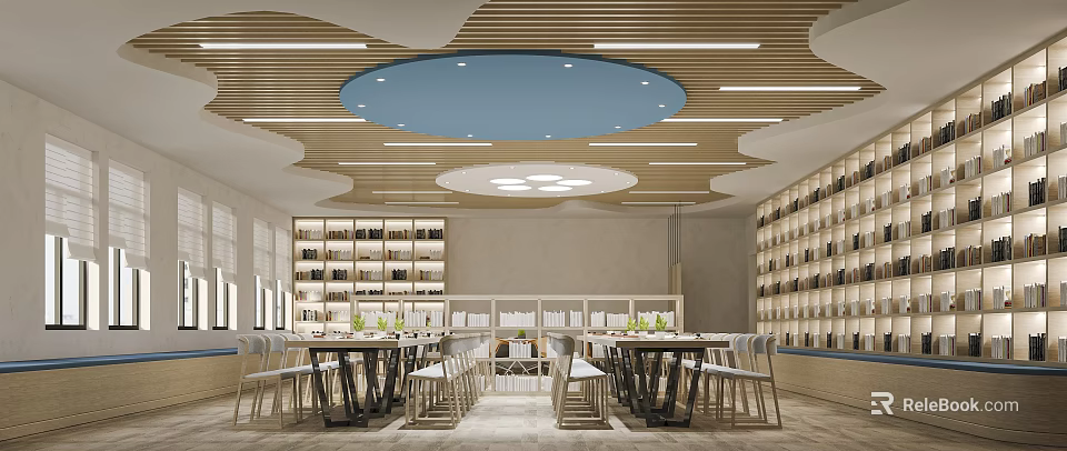 Spacious Reading Room Interior With Built in Bookshelves Wooden Tables And Chairs 3d model 