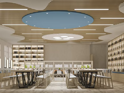 Spacious Reading Room Interior With Built in Bookshelves Wooden Tables And Chairs 3d model