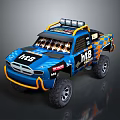Blue Off Road Toy Truck With RT3 HTB Logos Orange Accents And Roof Spotlights