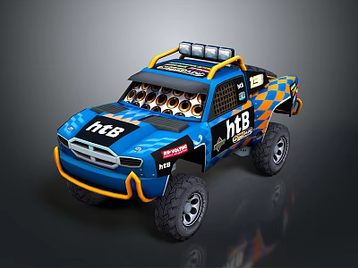 Blue Off Road Toy Truck With RT3 HTB Logos Orange Accents And Roof Spotlights 3d model