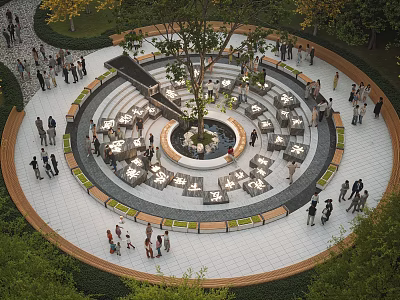 Circular Water Fountain With Central Tree And Surrounding Seats In Open Public Space 3d model