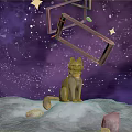 Cartoon Scene Featuring Cat On Snowy Mountain With Purple Starry Sky And Red Ladder
