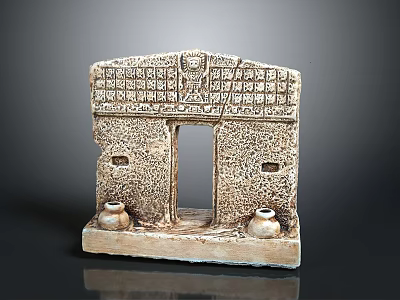 Ancient Stone Architectural Model With Central Doorway Side Windows And Clay Pots Base 3d model