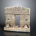 Ancient Stone Architectural Model With Central Doorway Side Windows And Clay Pots Base