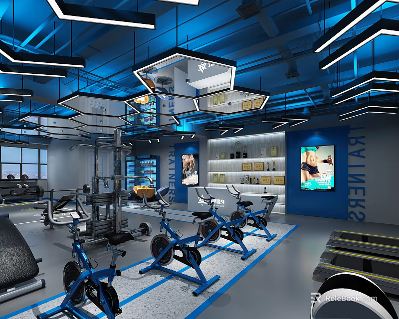 Modern Fitness Studio Interior With Blue Lighting Stationary Bikes And Wall Posters 3d model 