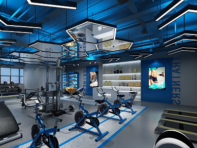 Modern Fitness Studio Interior With Blue Lighting Stationary Bikes And Wall Posters 3d model