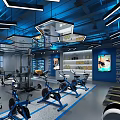Modern Fitness Studio Interior With Blue Lighting Stationary Bikes And Wall Posters