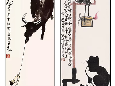 Chinese Traditional Ink Wash Painting Featuring Cow Cat And Calligraphy Art 3d model