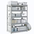 Heavy Duty Metal Shelving Unit with Cardboard Boxes Toolbox Oil Canister Blue Buckets and Tire