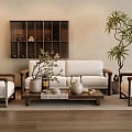 White Sofa And Wooden Coffee Table Set With Decorative Items Armchairs And Green Plant