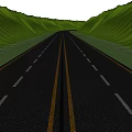 Mountainous Area Road Infrastructure With Black Asphalt Double Yellow Lines And White Dashed Markings