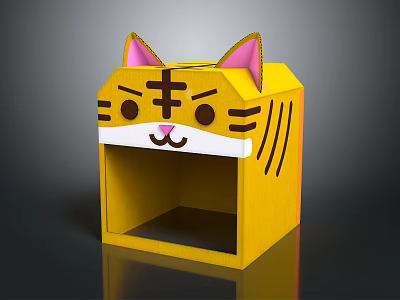 Cute Cat Face Shaped Yellow Household Box With Pink Ears Black Stripes And Smiling Face 3d model