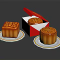 Golden Mooncakes with Patterns on Plates and Open Red Box