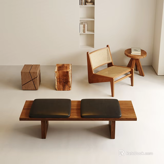 Modern Wooden Stools With Wicker Backrest Square Shape And Simple Design For Living Room 3d model 