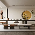 Traditional Tea Room Interior With Tea Set On Table Round Decorative Painting And Green Plant