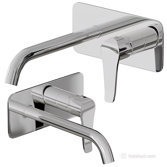 Modern Chrome Wall Mounted Faucet with Single Handle and Curved Spout Design 3d model 