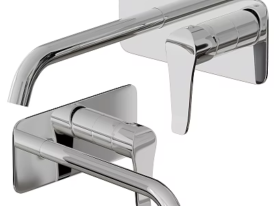 Modern Chrome Wall Mounted Faucet with Single Handle and Curved Spout Design 3d model