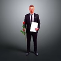 Businessman Standing In Formal Suit Holding Single Red Rose And Blank White Paper