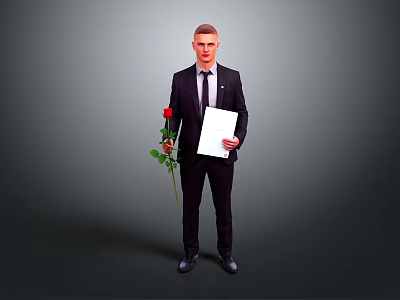 Businessman Standing In Formal Suit Holding Single Red Rose And Blank White Paper 3d model